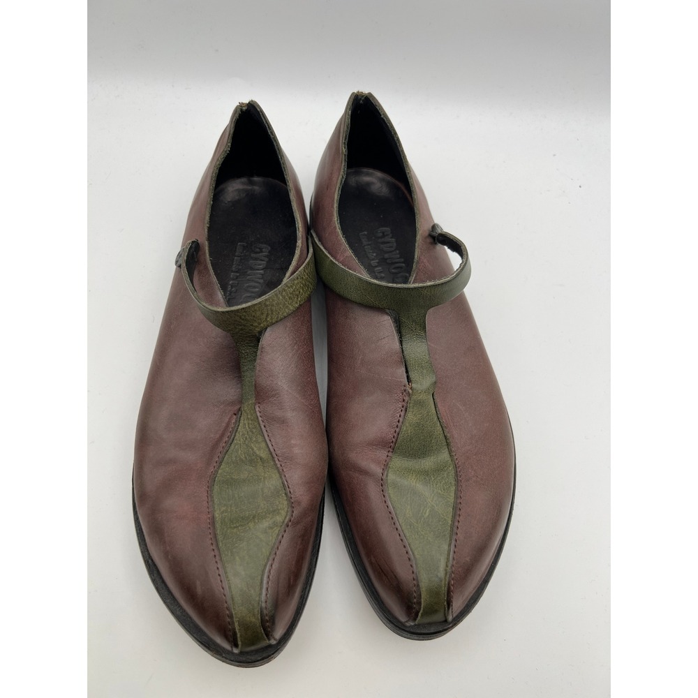 Cydwoq Handmade Leather T-Strap Flats Brown Olive Green Artisan Shoes Mens 37.5